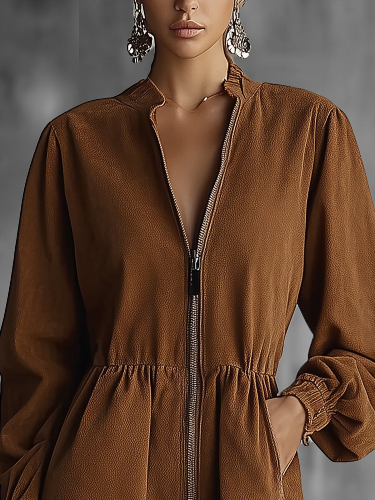 Brown Zip-Up Faux Suede Dress