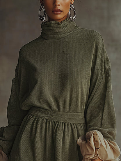 Green Turtleneck Dress With Billowy Chiffon Sleeves