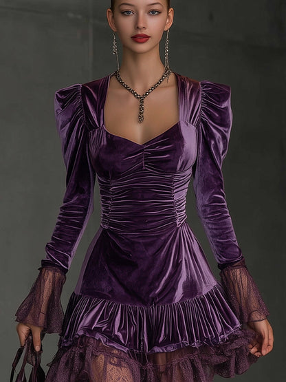 Purple Velvet Long Sleeve Mini Dress With Lace Ruffles