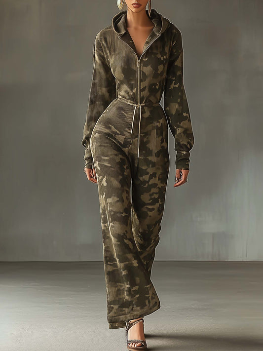 Olive Green Hooded Sweatshirt Jumpsuit With Camouflage