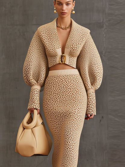 Cream Leopard Wool Blend Cropped Jacket And Midi Skirt Set