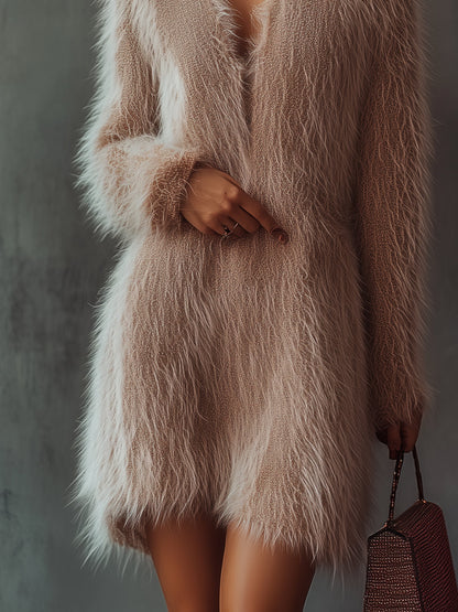 Pink Fuzzy Knit Dress With High Collar And Fluffy Texture