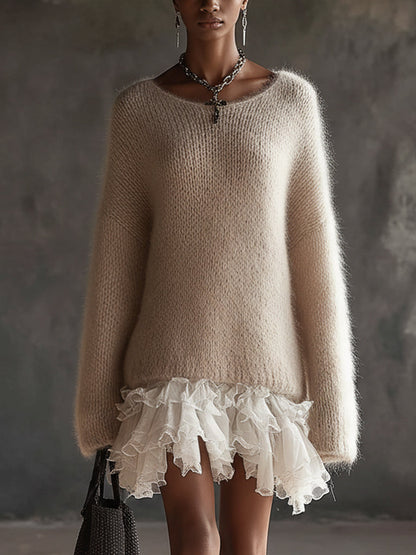 Beige Mohair Knit Open Back Mini Dress With Chiffon Ruffle Hem