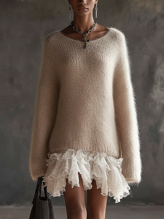 Beige Mohair Knit Open Back Mini Dress With Chiffon Ruffle Hem