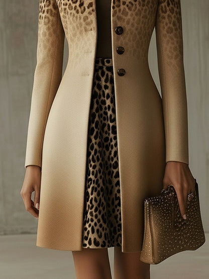 Khaki Ombre Leopard Print Long Coat With Gradient Detail