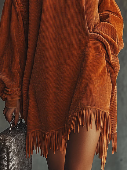 Orange Corduroy Loose Tassel Hem High Collar Dress