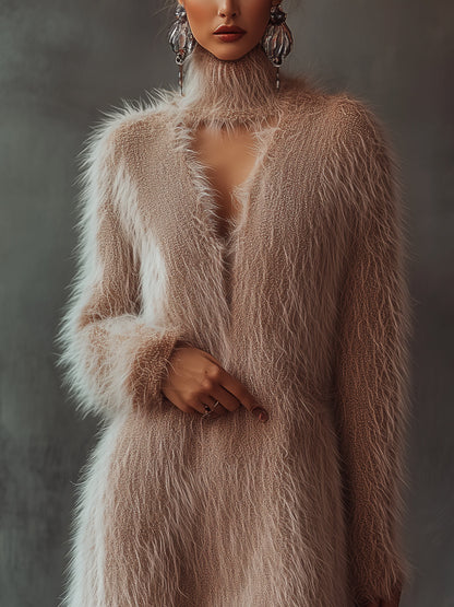 Pink Fuzzy Knit Dress With High Collar And Fluffy Texture