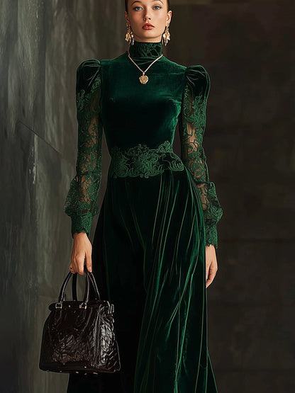Emerald Velvet Lace Trim High Neck Long Sleeve Maxi Dress
