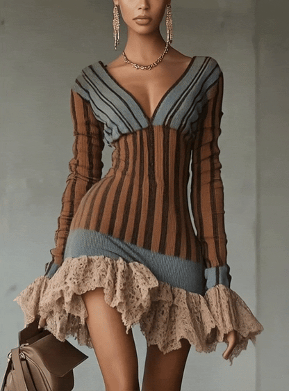 Striped Knit Dress With Crochet Ruffle Hem