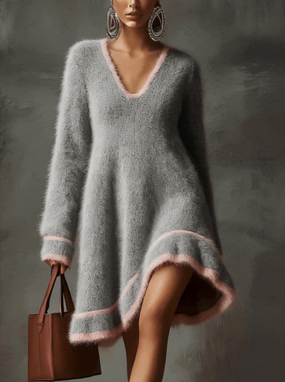 Gray Fuzzy A-Line Dress With Pink Trim And V-Neckline