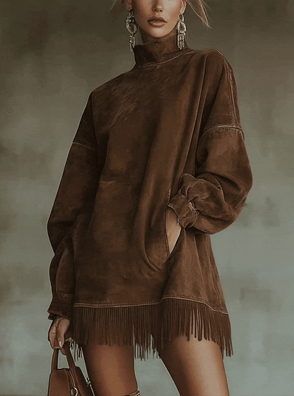 Brown Faux Suede Turtleneck Oversized Dress With Fringe Detail