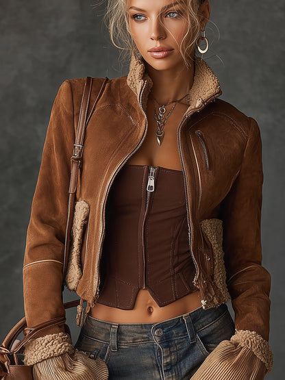 Vintage Brown Faux Suede Long Sleeve Jacket With Sherpa Trim
