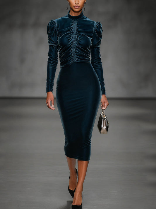 Blue Velvet Long Sleeve Midi Dress