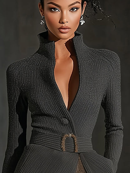 Black Ribbed High Neck Belted Knit Jacket