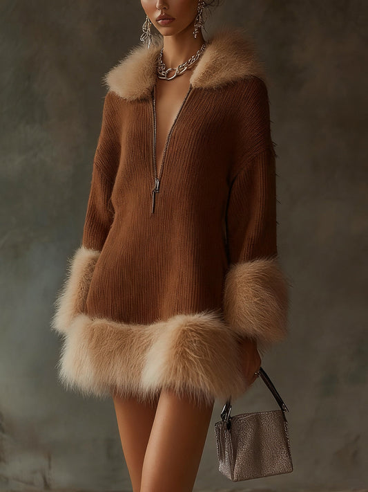 Brown Ribbed Knit Dress With Faux Fur Trim And Front Zip