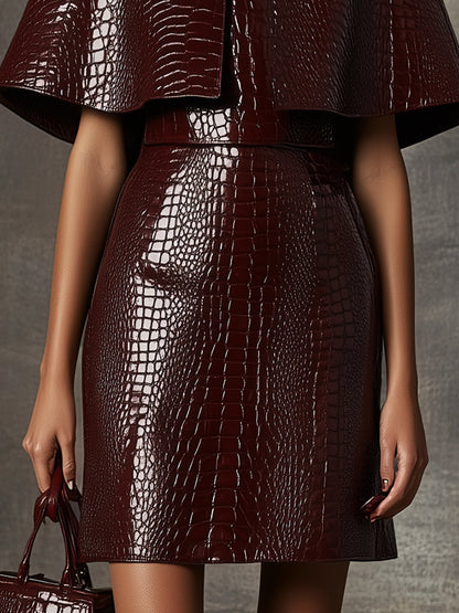 Burgundy Croc-Embossed Faux Leather Cape Dress