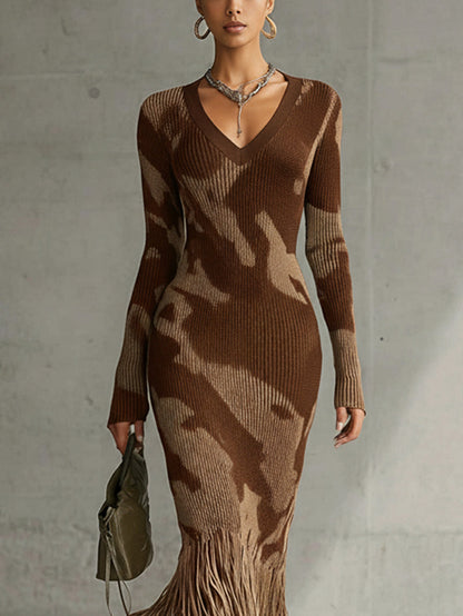 Olive Camo Knit V-Neck Fringe Hem Bodycon Dress