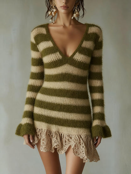 Green And Beige Striped Knit Dress With Lace Hem