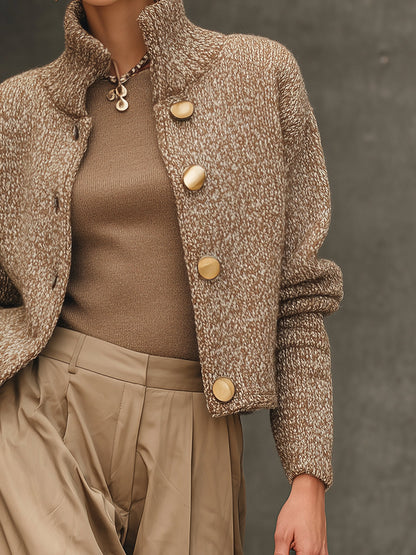 Taupe Marled Knit High Collar Buttoned Cardigan