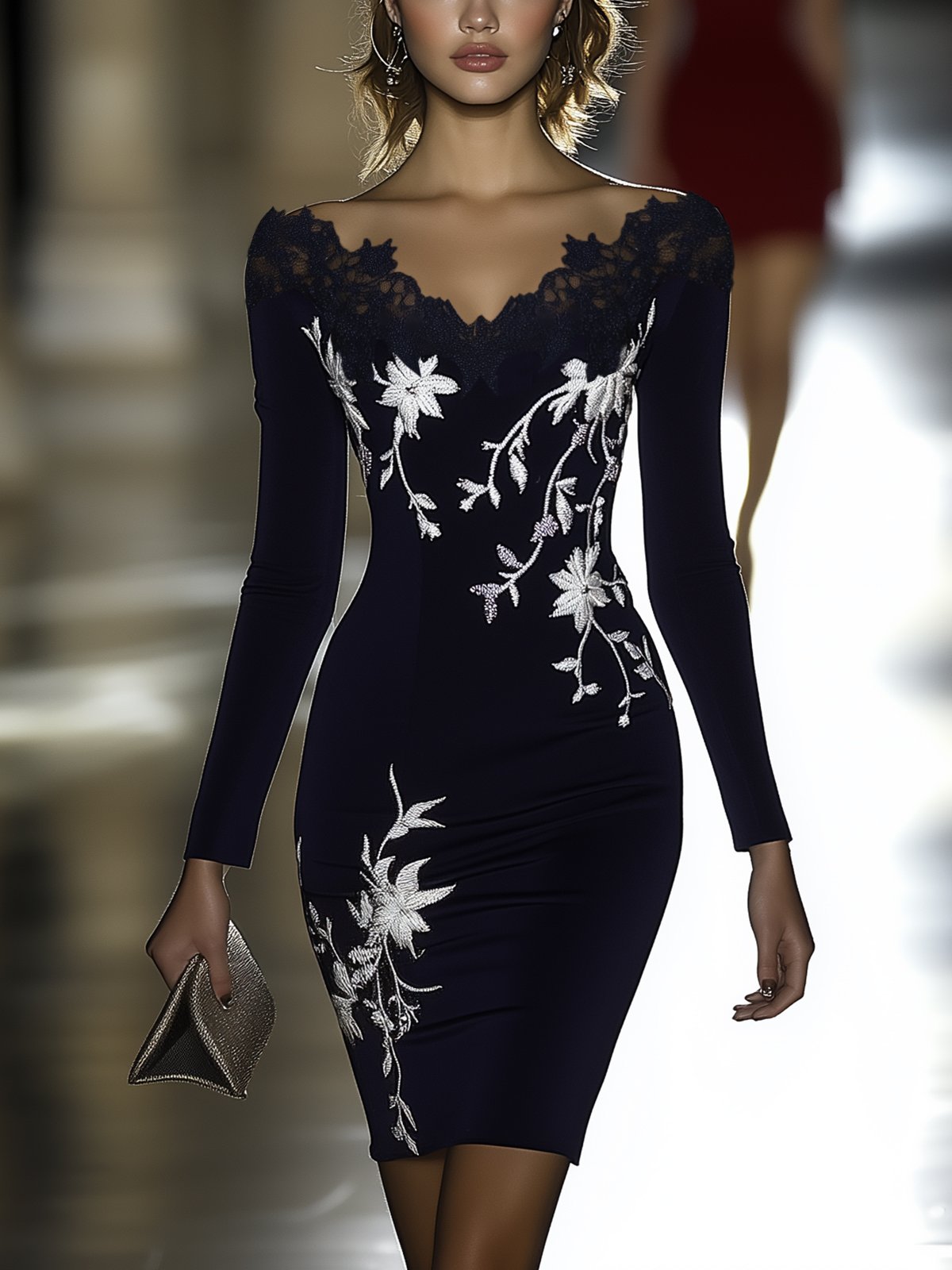 24-Hour-Shipping Black Lace V-Neck Bodycon Dress With Silver Floral Embroidery