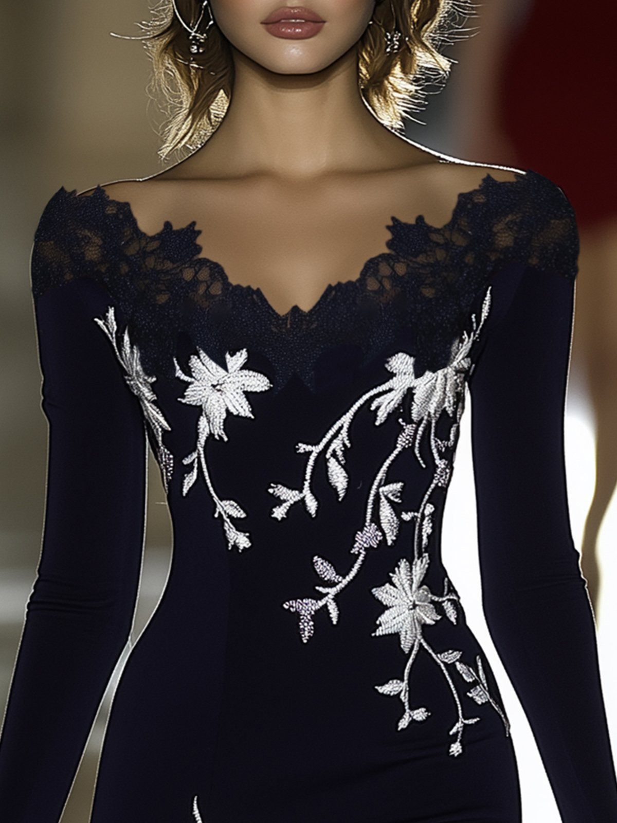 24-Hour-Shipping Black Lace V-Neck Bodycon Dress With Silver Floral Embroidery