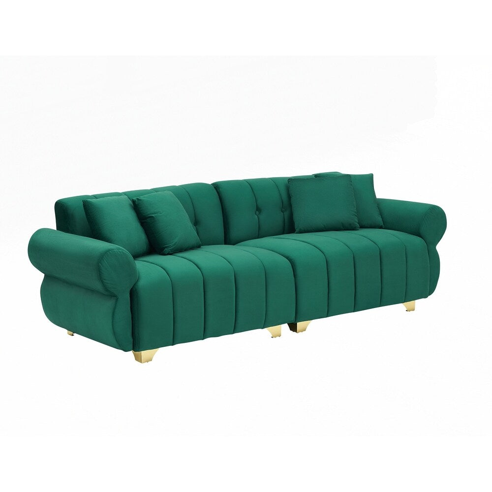 spring-wrapped Sofa cushions with stylish metal feet and 4 throw pillows