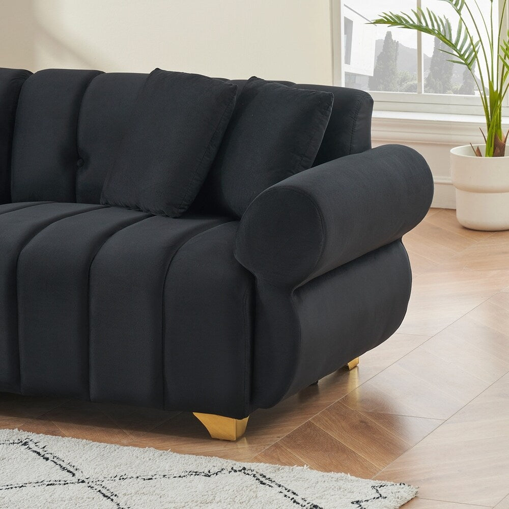 spring-wrapped Sofa cushions with stylish metal feet and 4 throw pillows